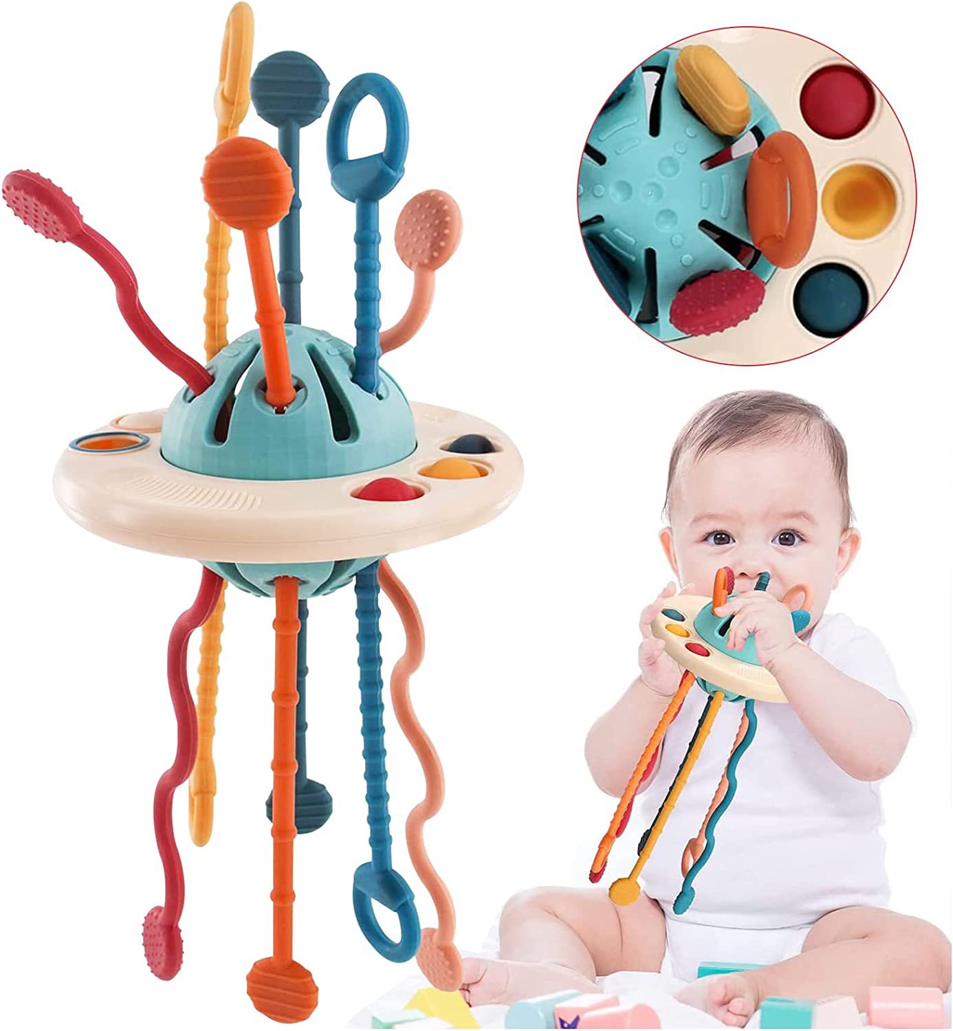  silicone UFO pull string teether activity toy